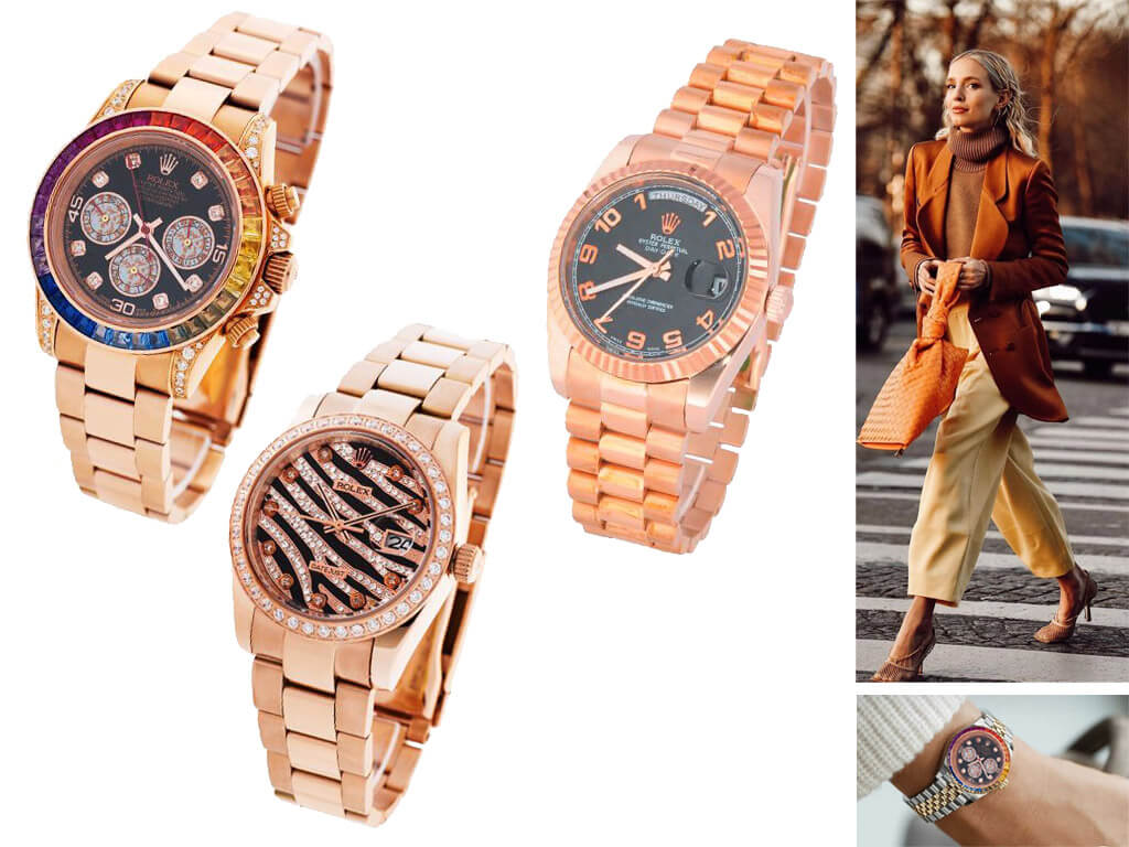 Женские часы Ролекс с розовой позолотой и золотым браслетом