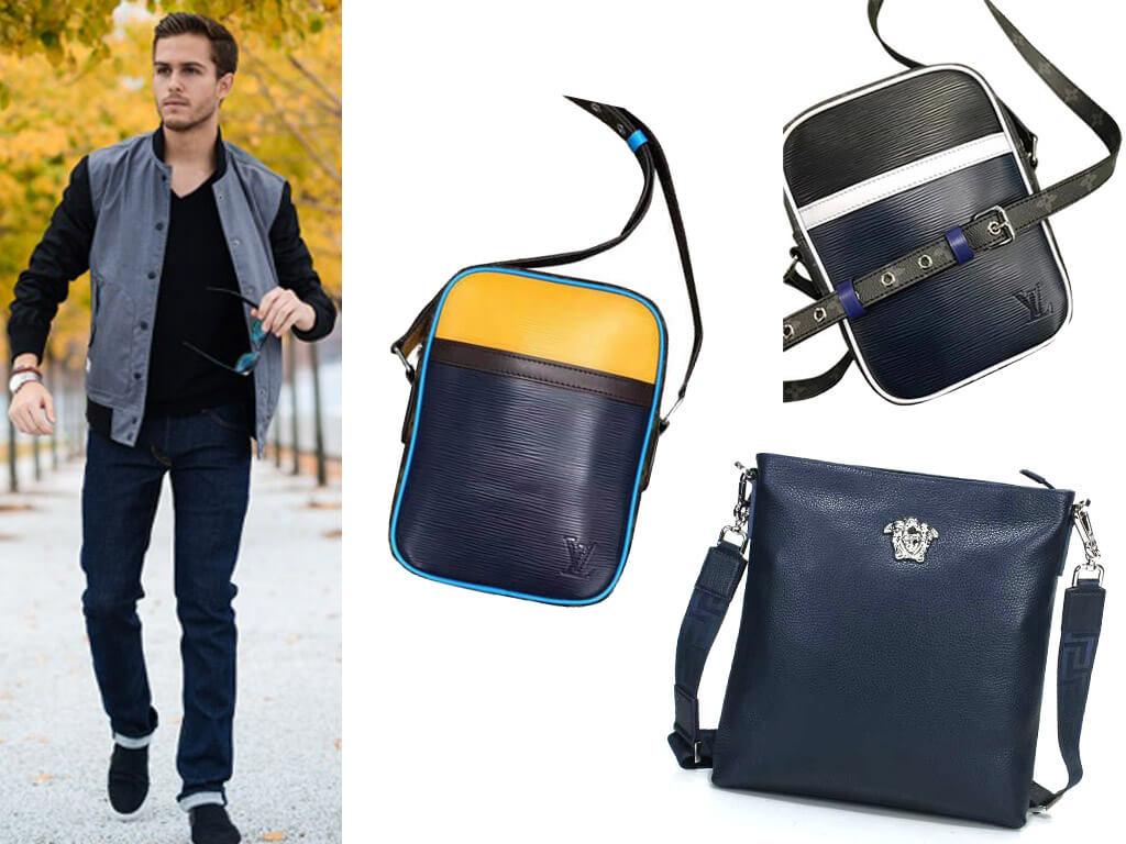 Кожаные мужские сумки через плечо синего цвета