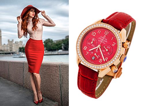 Женские часы Омега Спидмастер на красном ремешке