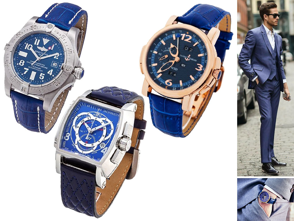 Мужские часы с синим кожаным ремешком